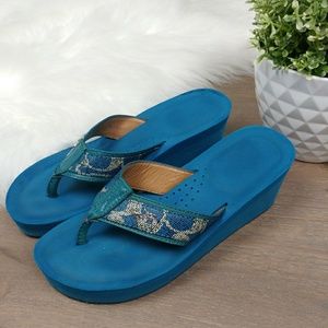 Coach "Jolene" teal wedge flip flop sandals